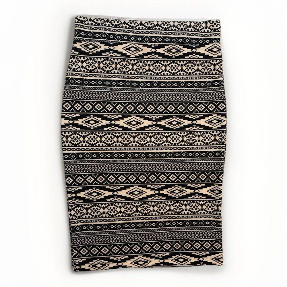 Ultra Teeze Pencil Midi Skirt Women's Large black/beige Print Stretch Pull On